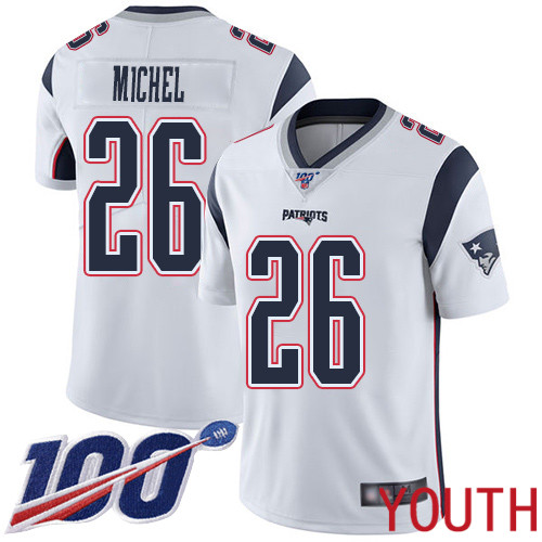 New England Patriots Football #26 Vapor Untouchable 100th Season Limited White Youth Sony Michel Road NFL Jersey